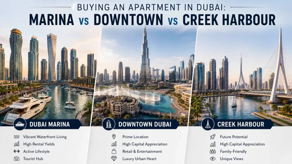 Dubai Marina vs Downtown vs Creek Harbour apartment investment comparison