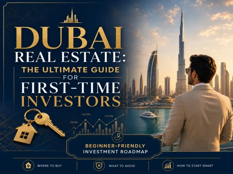  Dubai skyline with Burj Khalifa and golden keys — first-time investor guide cover