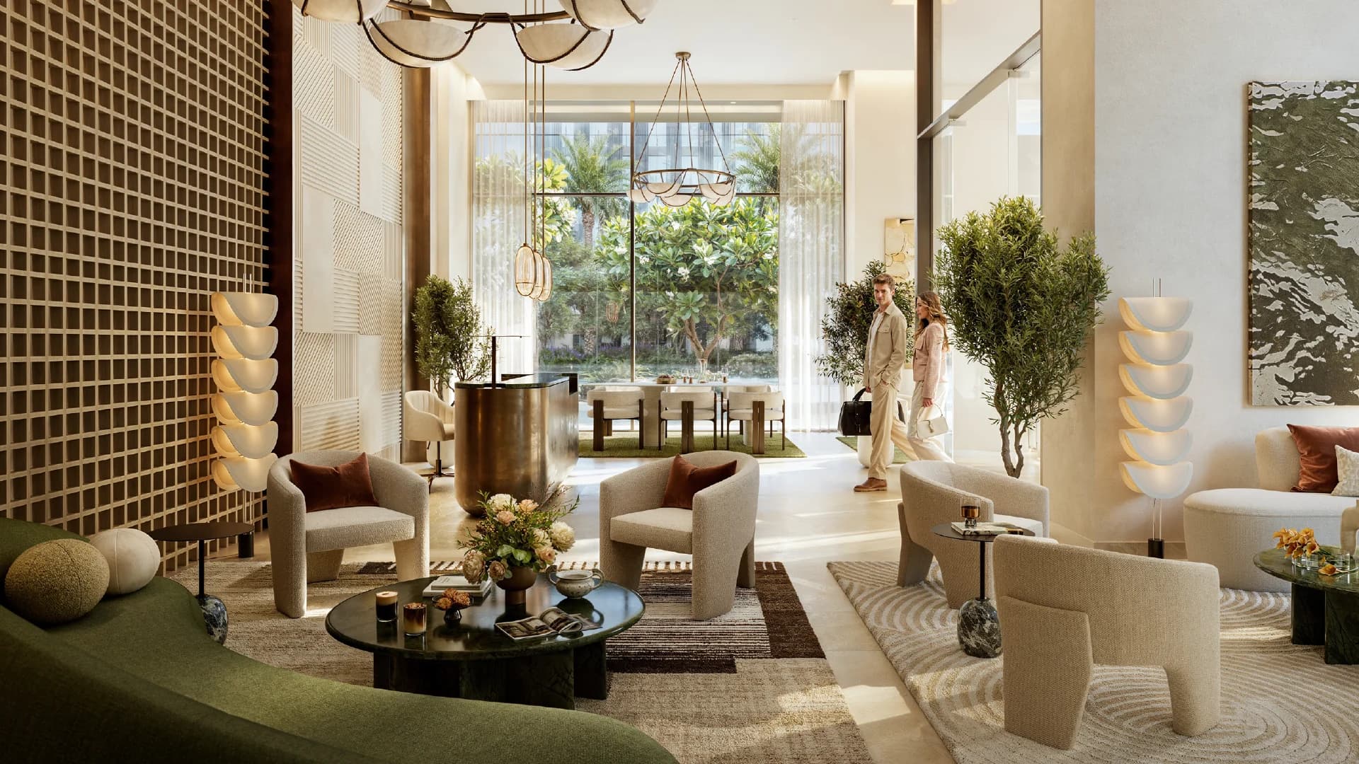 Residents in the designer lobby lounge at Rashid Yachts & Marina by Emaar, Dubai, with a garden view through floor-to-ceiling windows