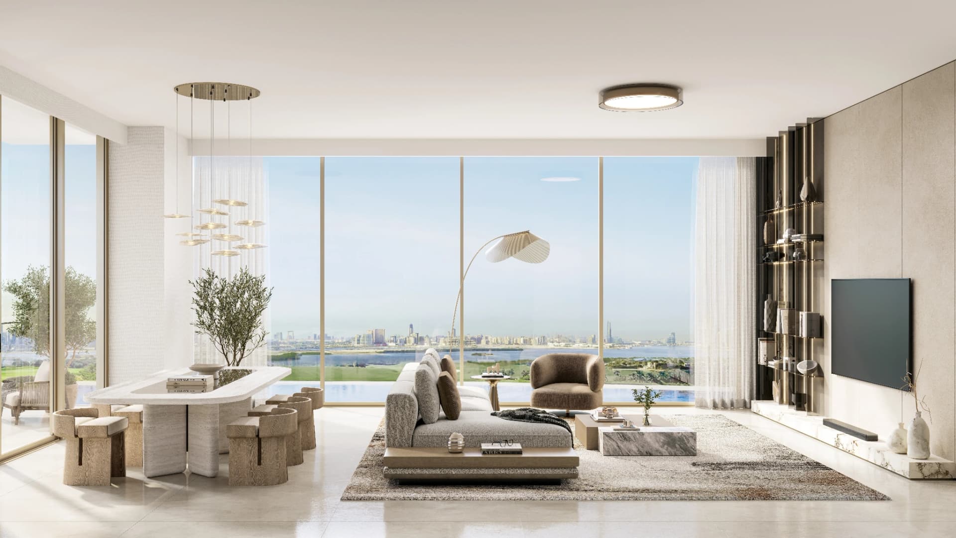 Contemporary apartment interior in MBR City, Dubai, with expansive floor-to-ceiling windows overlooking the lagoon.