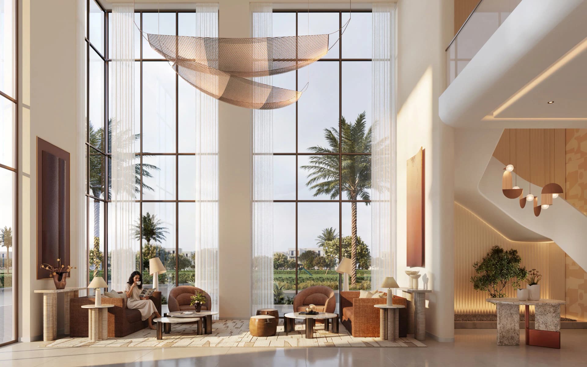 Residential lobby with double height windows and golf course views in Dubai