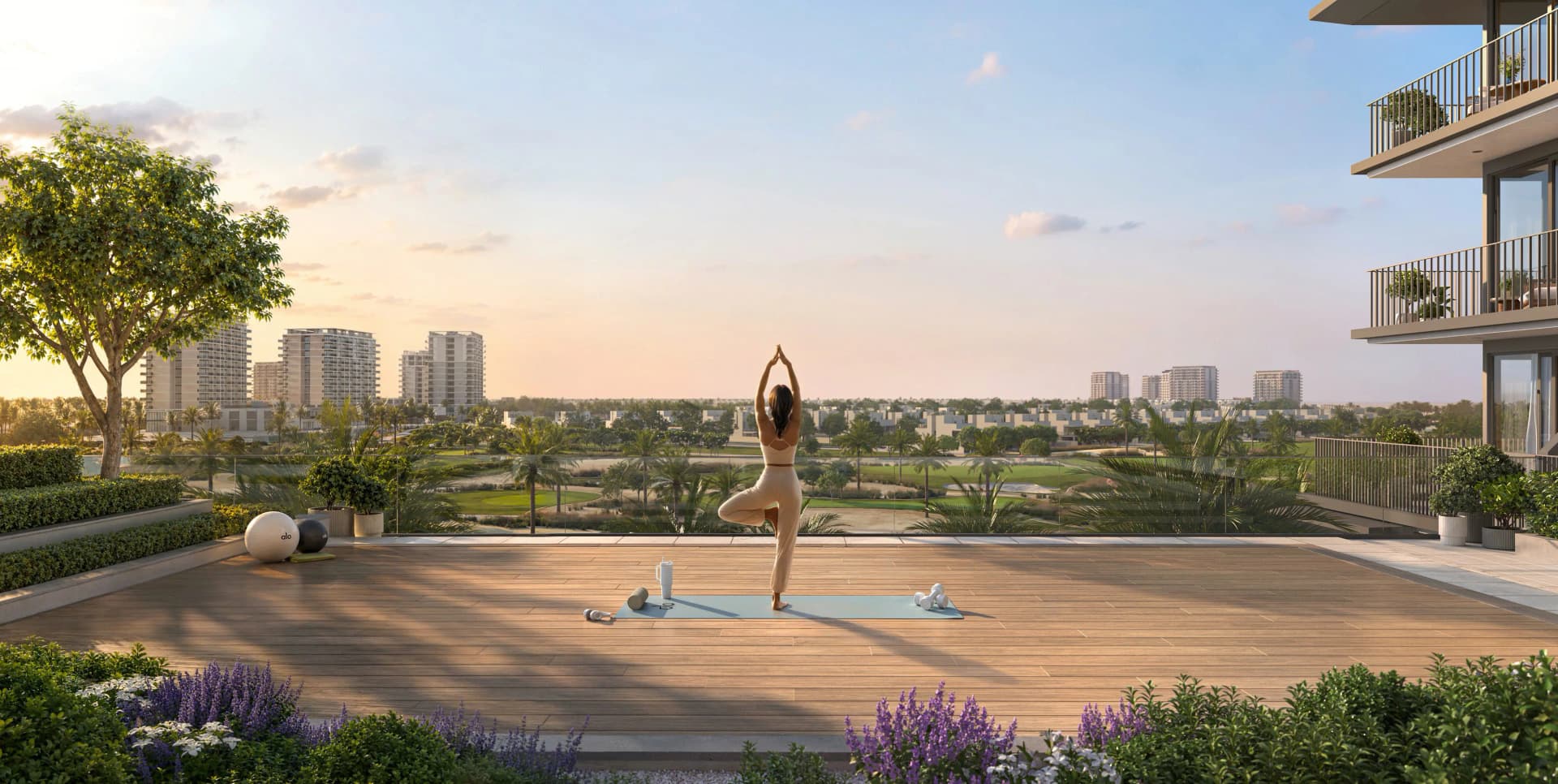 Rooftop yoga terrace with golf course views at Emaar South