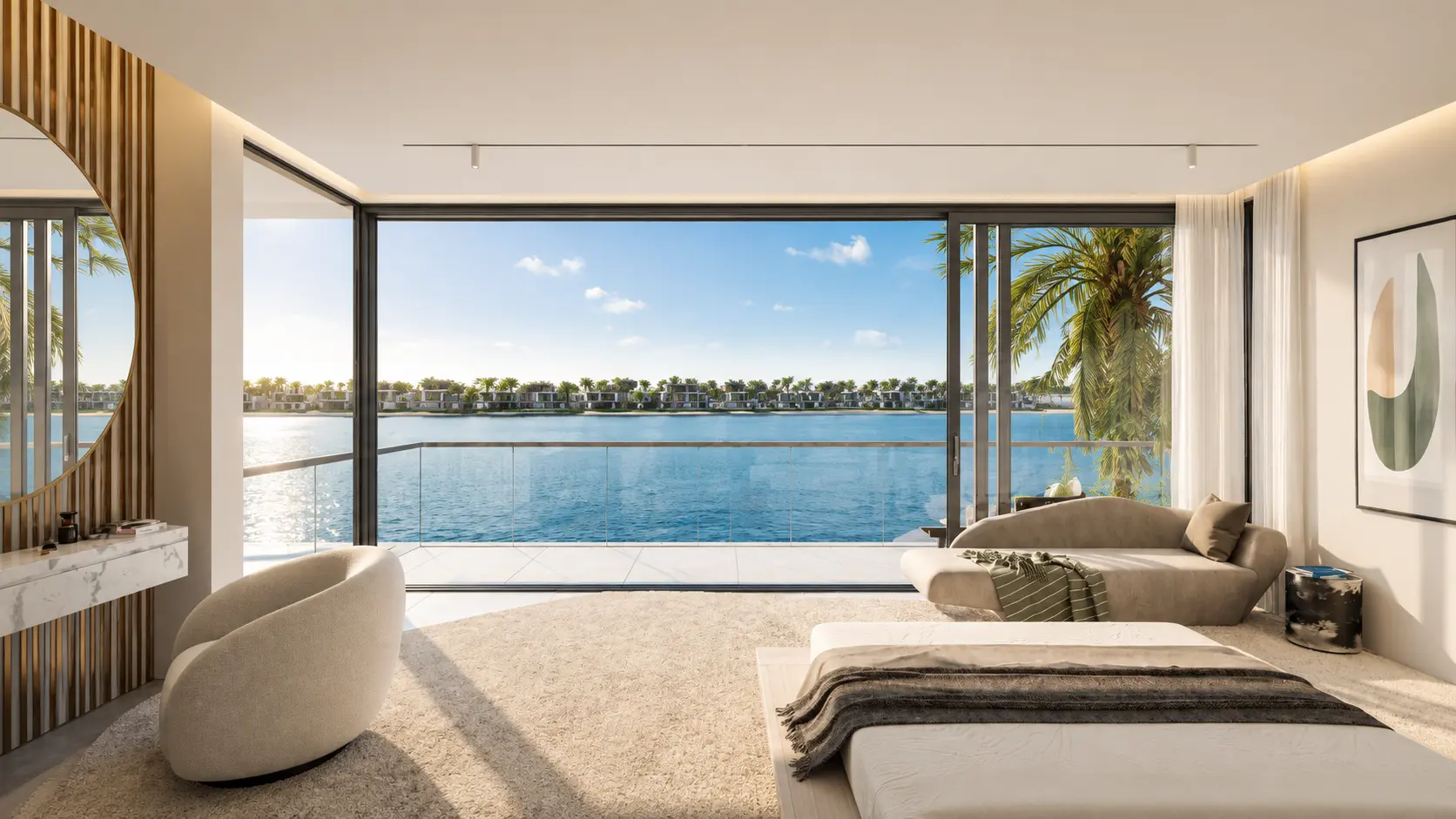 Serene bedroom setting with expansive waterfront views and natural light.