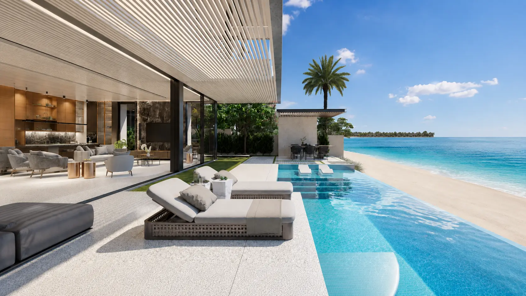 Seaside pool setting with direct beach access and outdoor relaxation space.