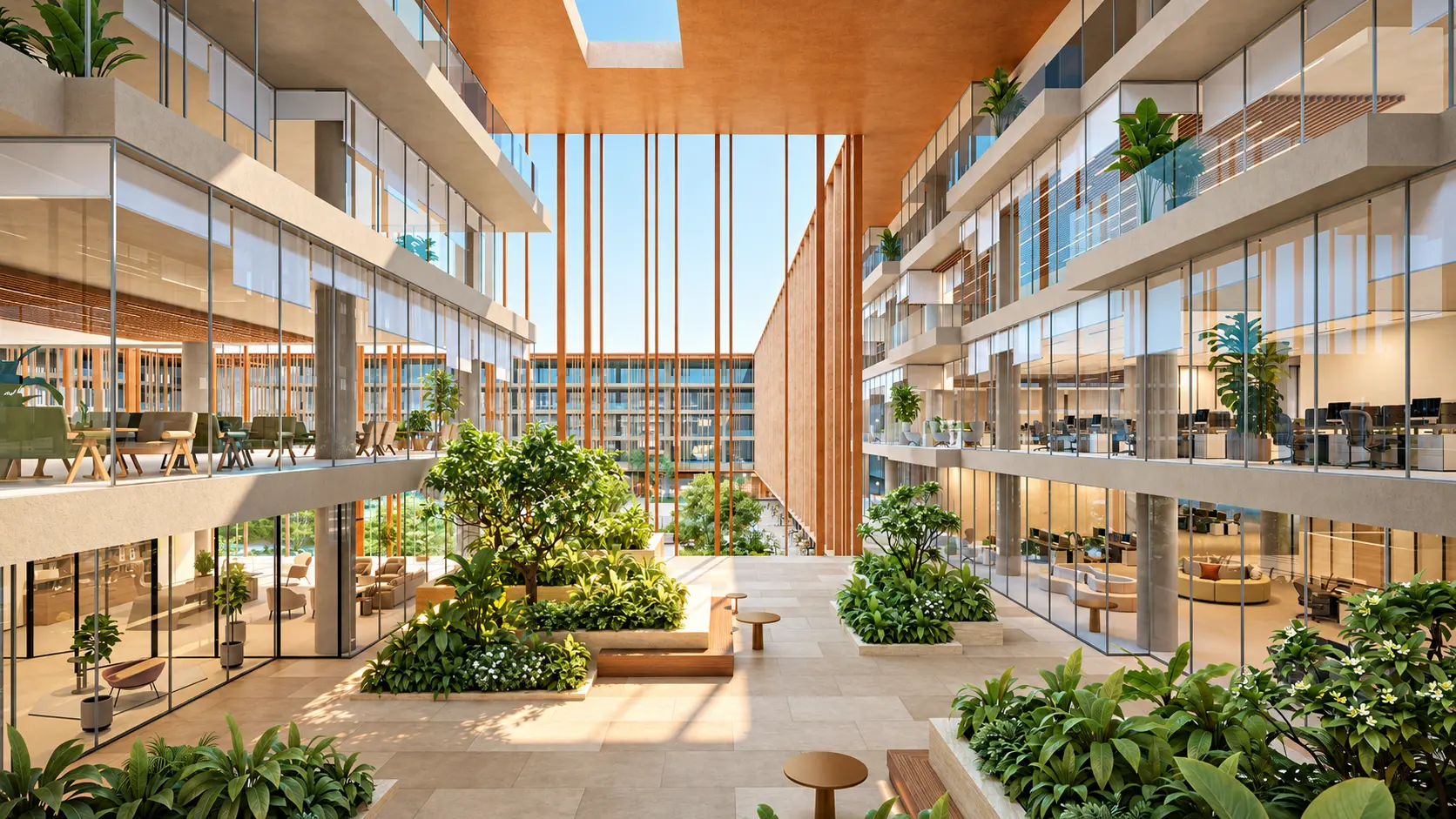 Modern office interior with landscaped garden lounge and natural lighting.
