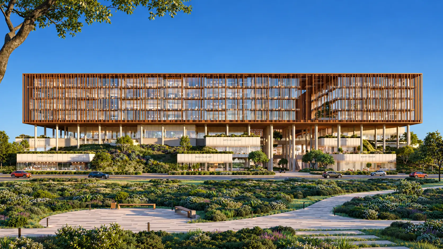 Premium commercial office building exterior in Dubailand, Dubai.