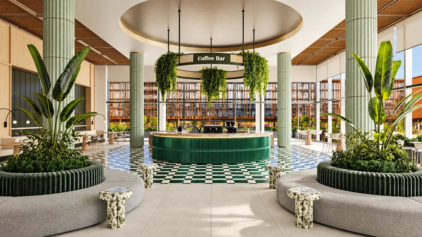 Elegant coffee lounge with indoor greenery and modern seating.