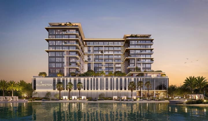 Aerial pool deck at Everly Place by Ellington in Meydan Horizon, MBR City Dubai, with loungers, cabanas, and palms.
